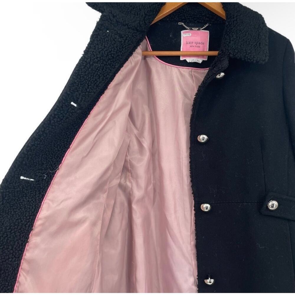 Kate Spade New York Black Wool Blend Coat Faux Fur Collar Large - Picture 4 of 9